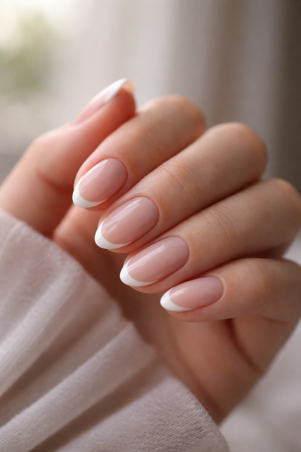Close-up of short almond nails with thin white French tips on a neutral backdrop