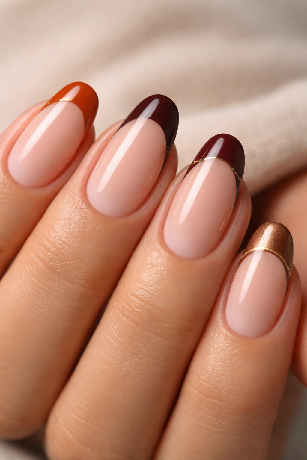 Close-up of French tip nails with autumn-toned tips on nude base