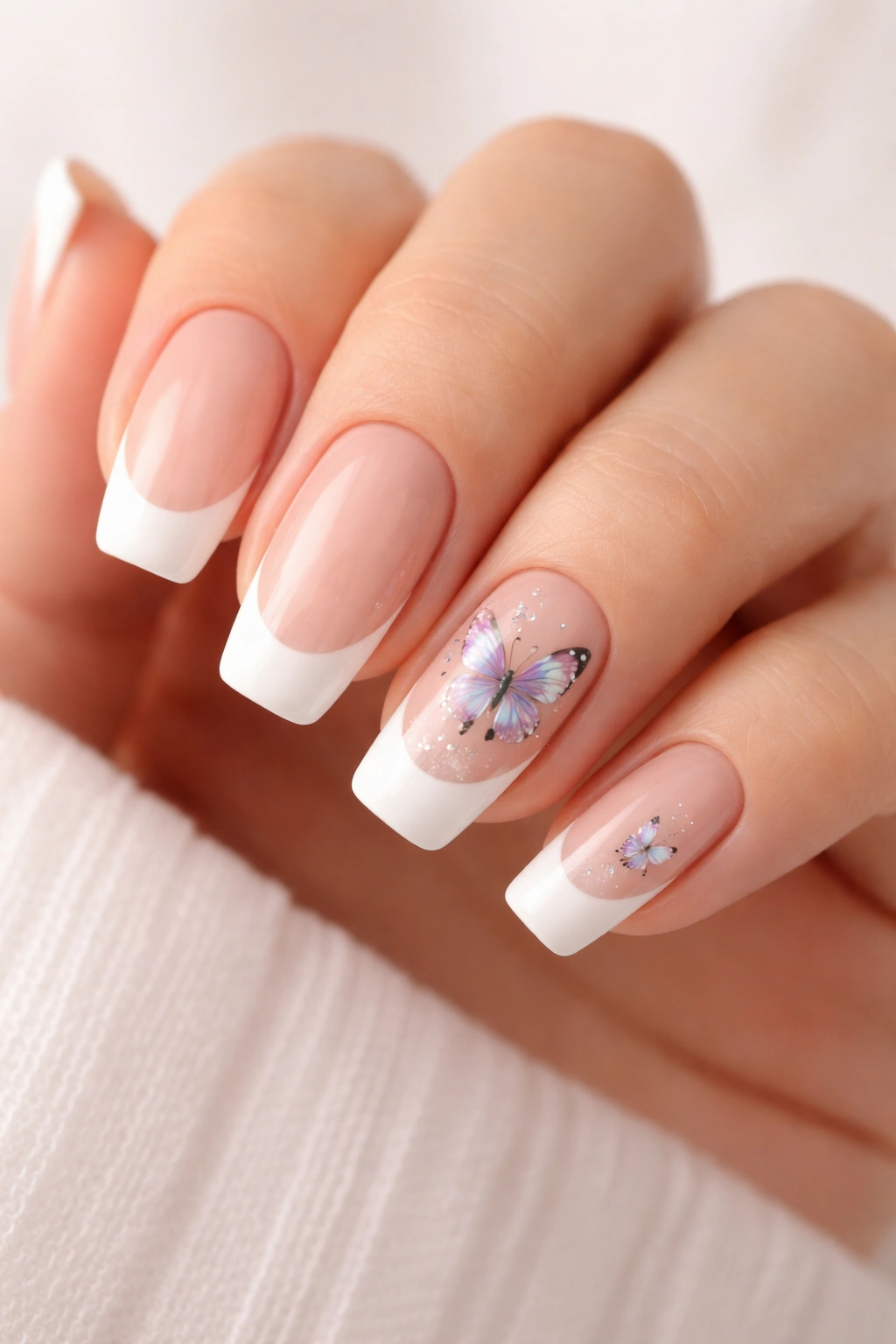 Close-up of nude nails with white French tips and delicate butterfly accents on accent nails