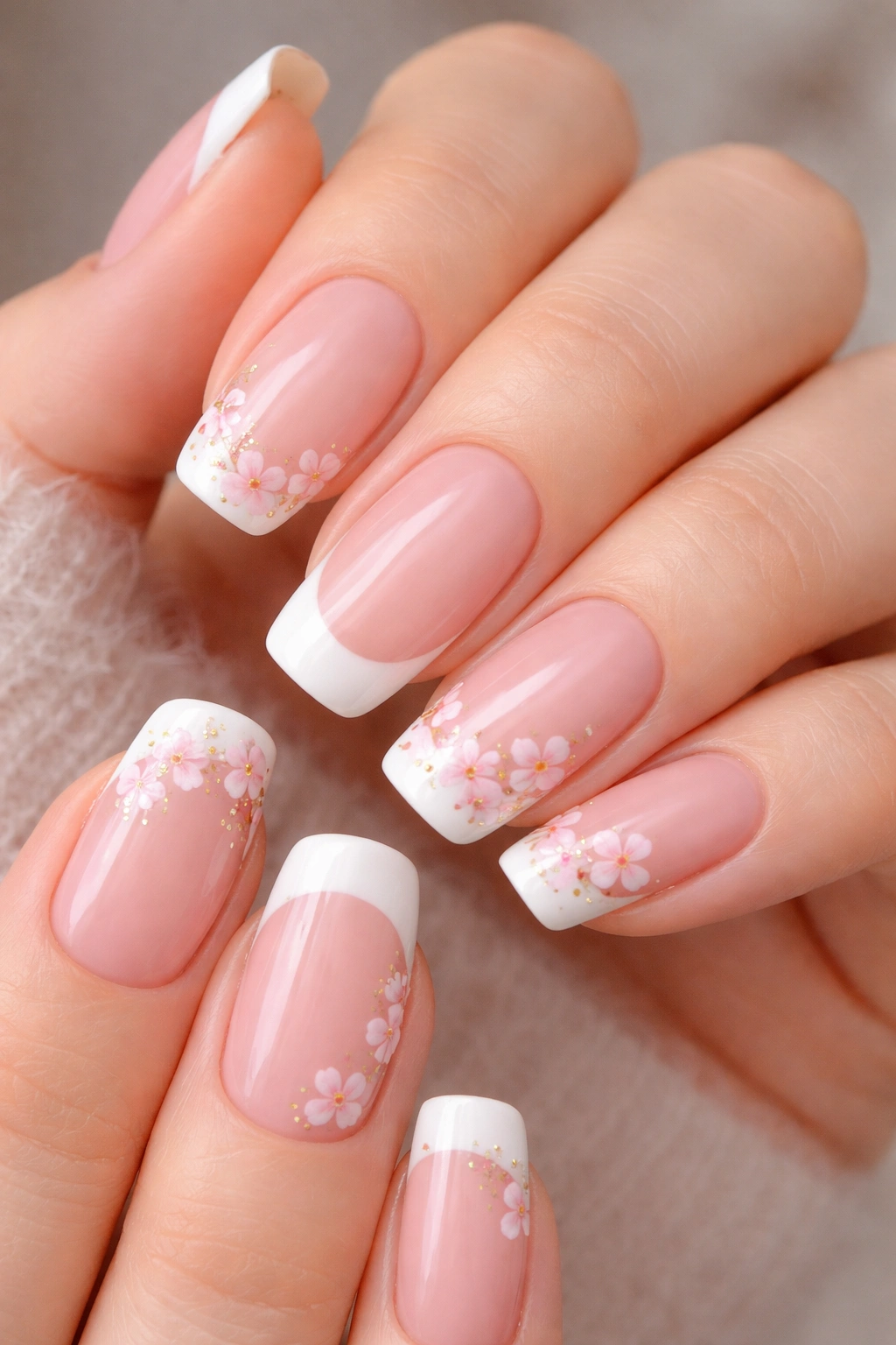 Nails with cherry blossom accents on French tips