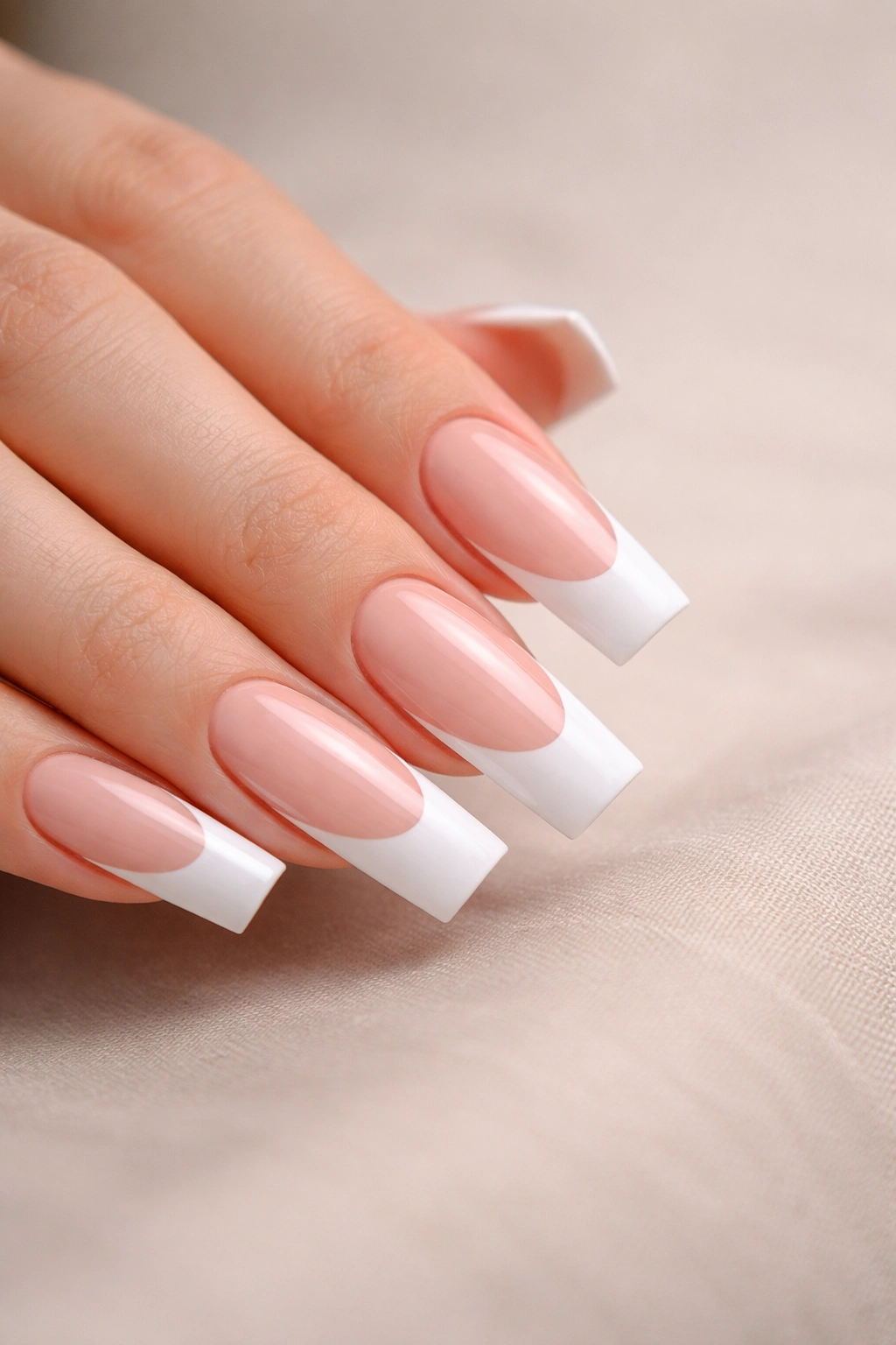Close-up of coffin nails with squared white French tips on nude base