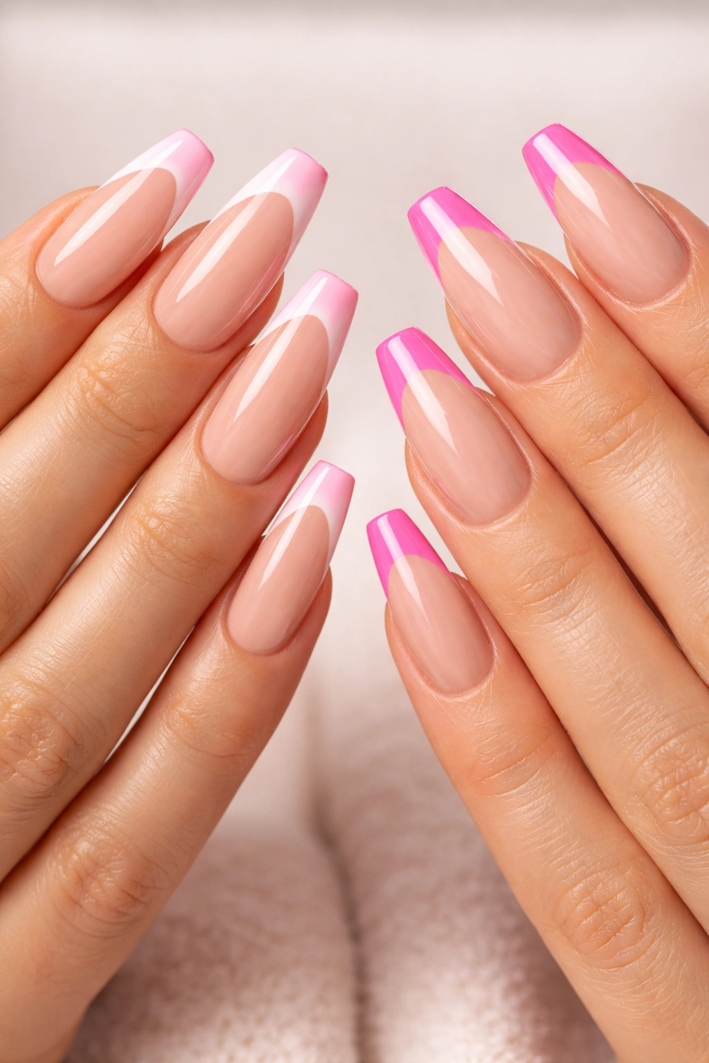Close-up of long nails with color-twisted French tips on both hands