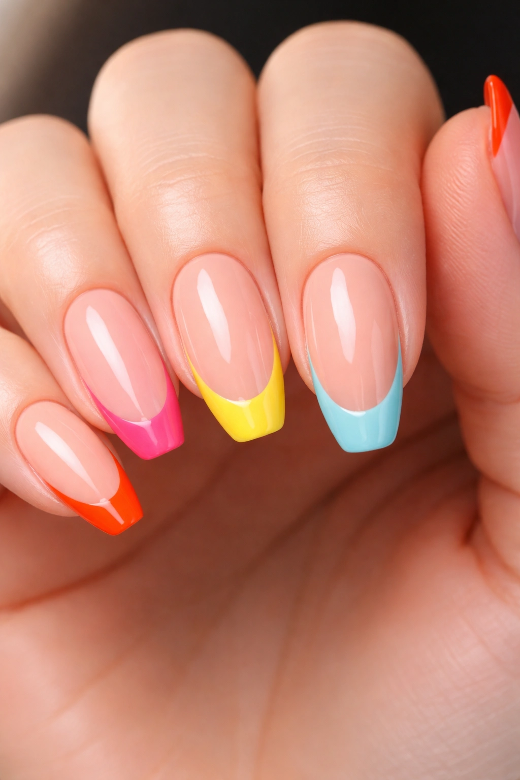 Nails with reinvented French tips using bold colors on a nude base