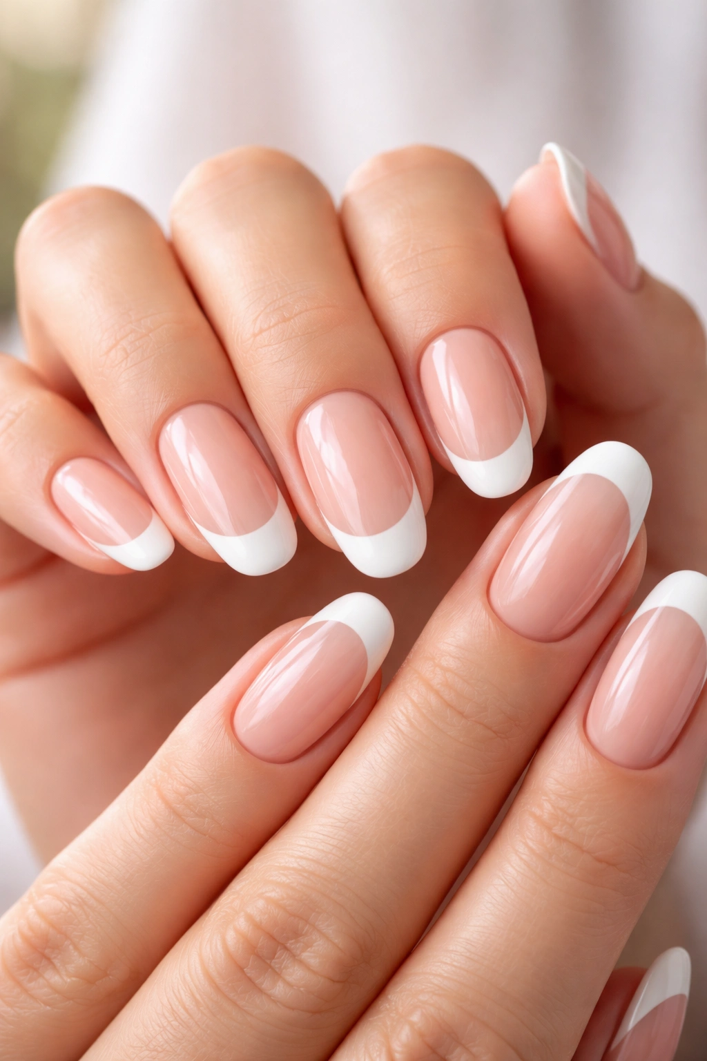 Close-up of classic French manicure with pale pink gel base and white tips on long rounded nails
