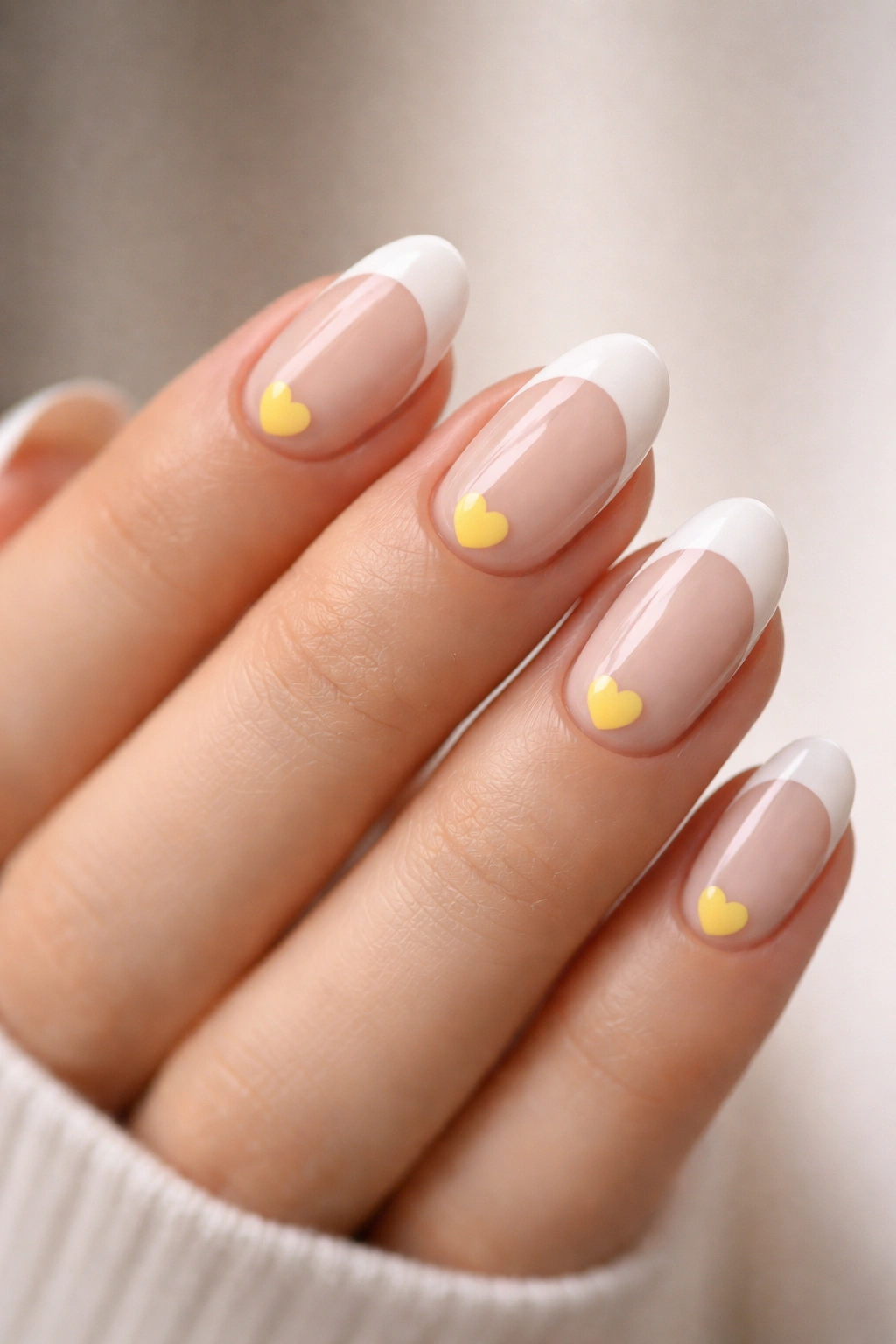 Close-up of almond-shaped short nails with French tips and yellow hearts at the base