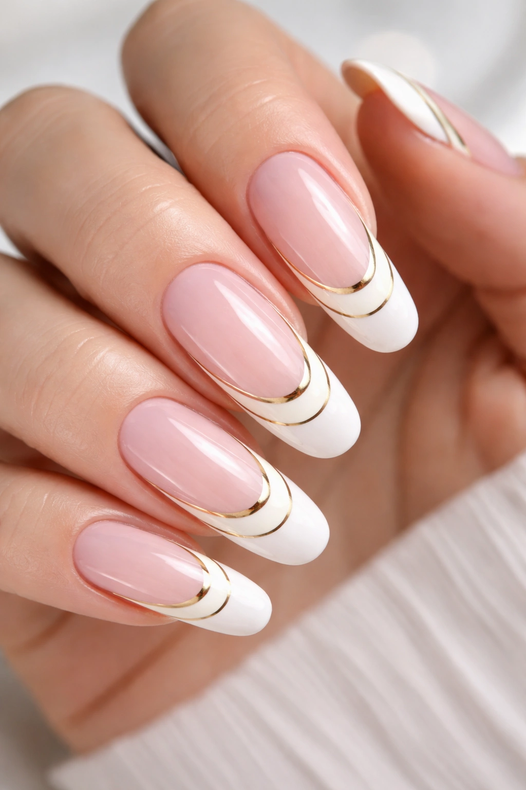Close-up of nails with double white lines and gold accent