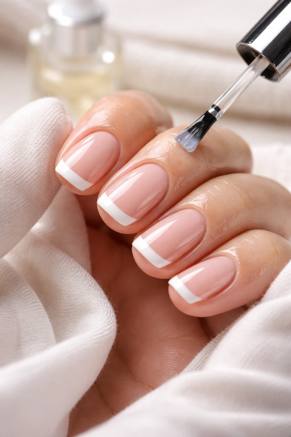 Close-up of a hand with short nails showing a refreshed glossy French tip