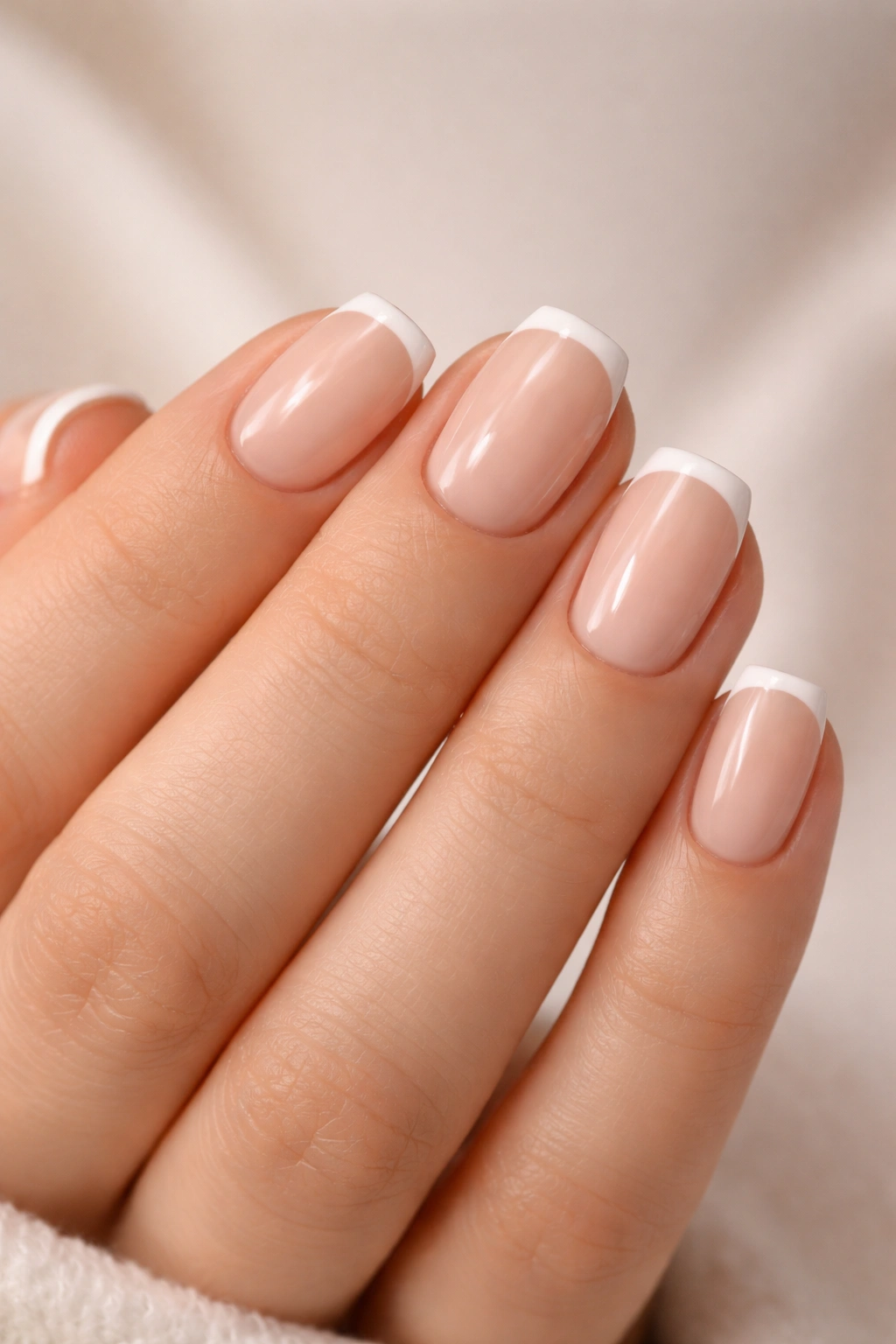 Close-up of short acrylic nails with micro French tips on nude base