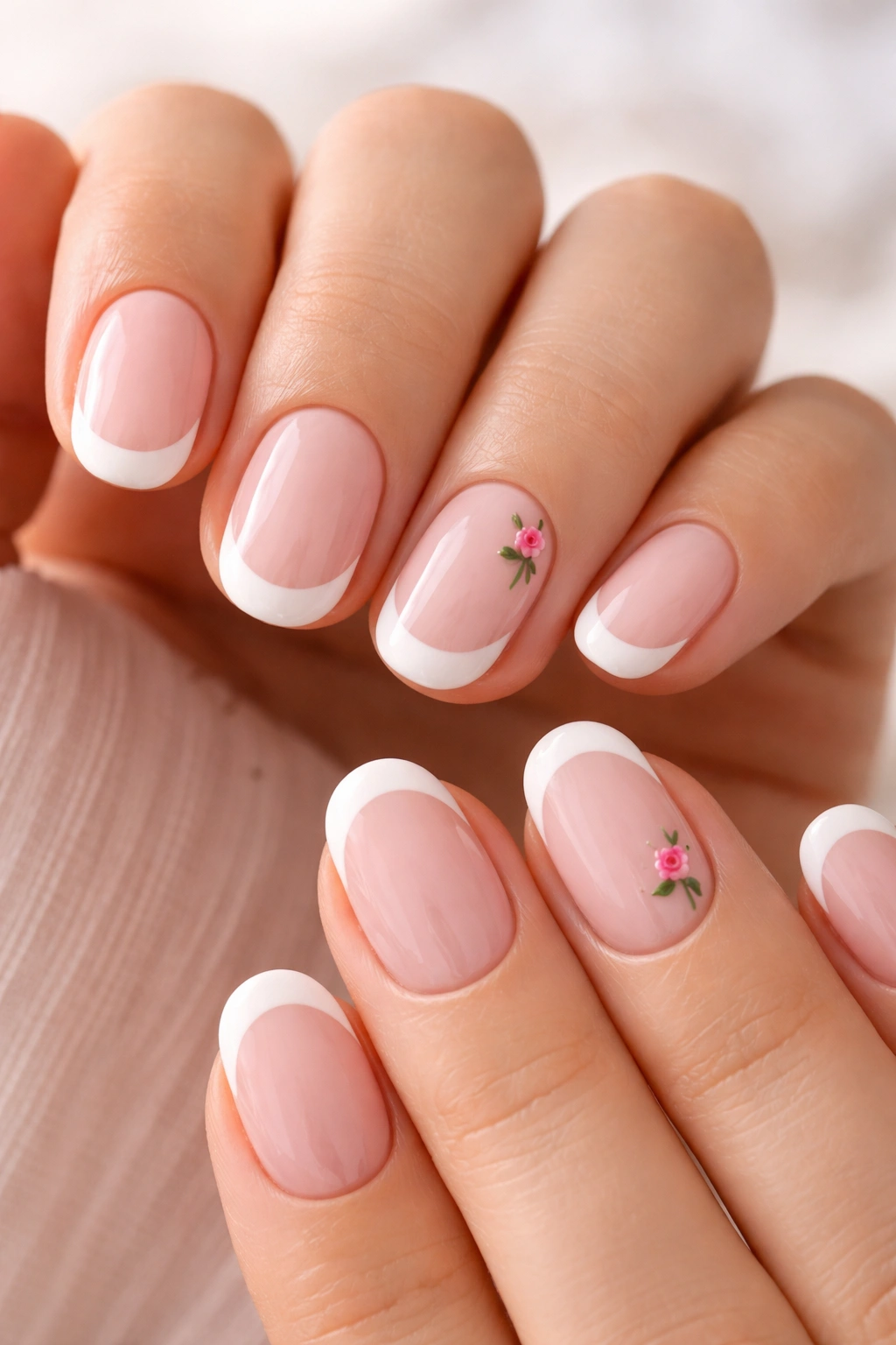 Short oval nails with white French tips and tiny micro rose on pale pink base