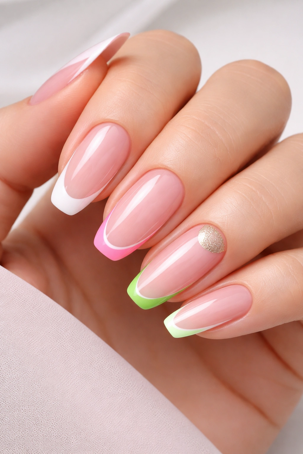 Close-up of classic French tips with a modern twist on medium-length acrylic nails