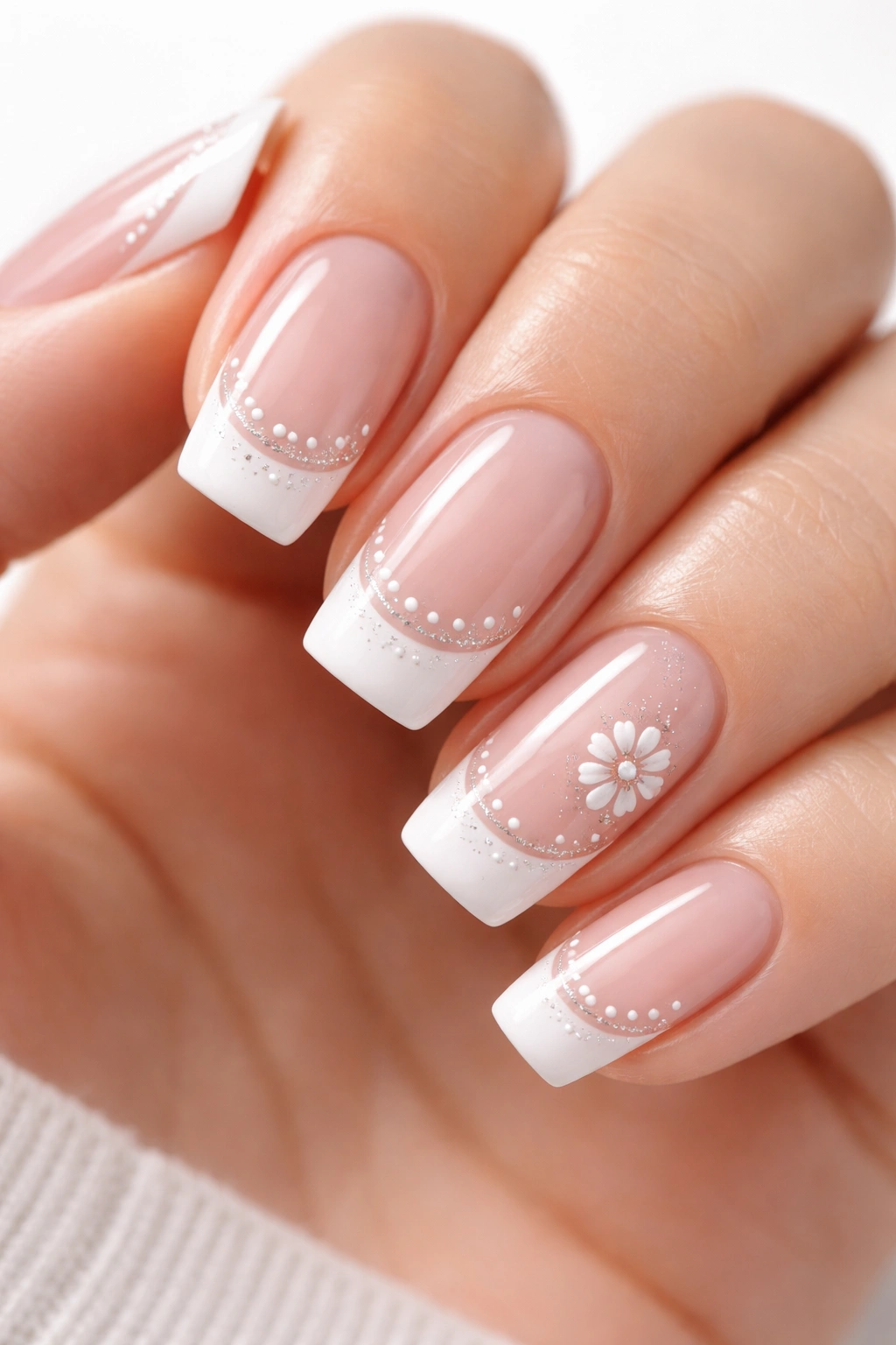 Close-up of French-tipped nails with subtle dots, lines, and a small floral accent