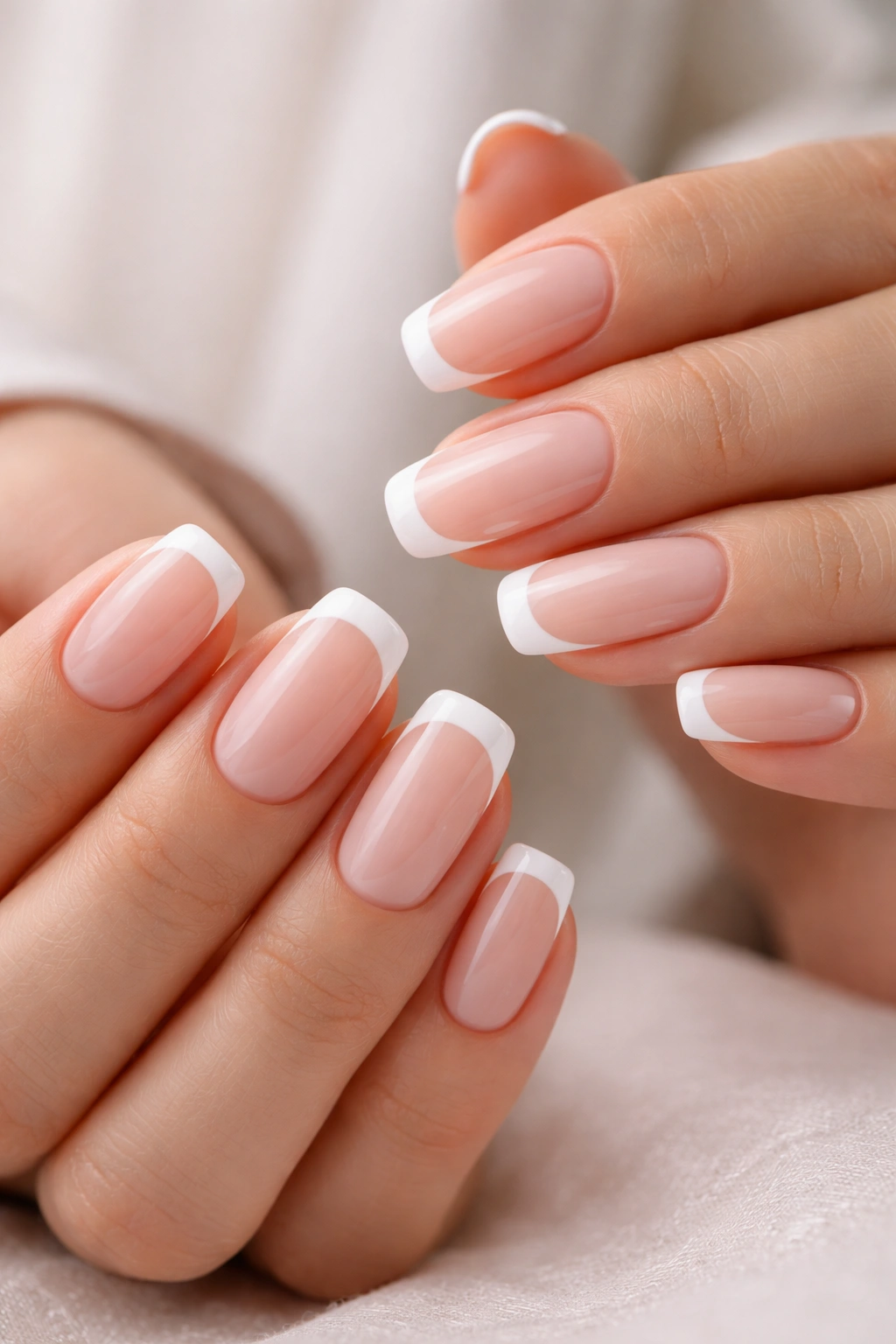 Close-up of hands showing classic French manicure with white tips on pink nails.