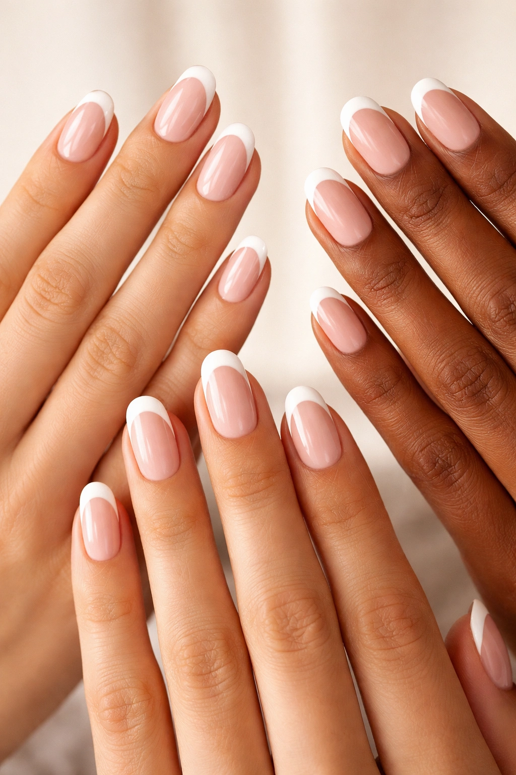 Close-up of diverse hands with French tip nails.