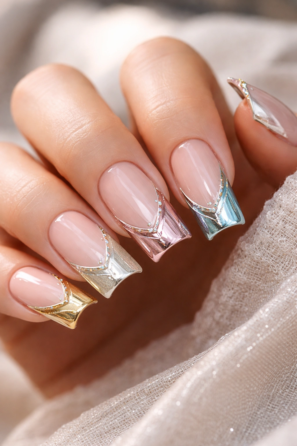 Close-up of duck nails with metallic French tips and delicate line accents on the curved tips
