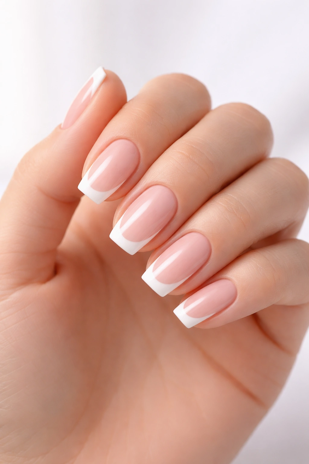 Close-up of a hand with pink-and-white French tip nails on a clean background