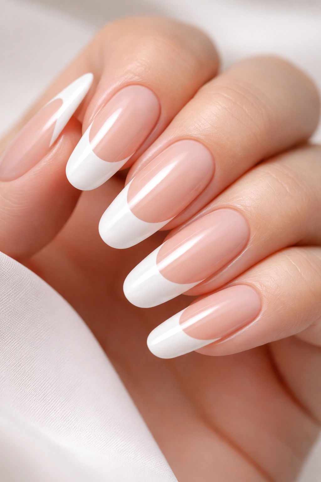 Close-up of long round acrylic nails with nude base and white tips