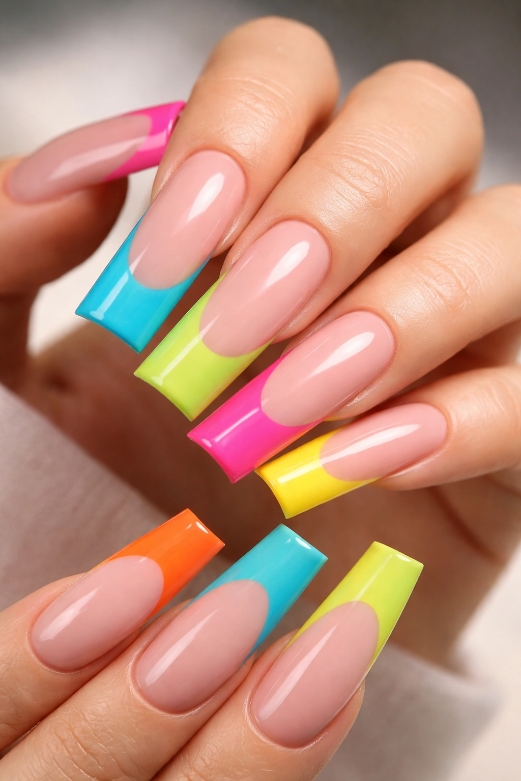 Bold tipped French manicure on long duck nails.