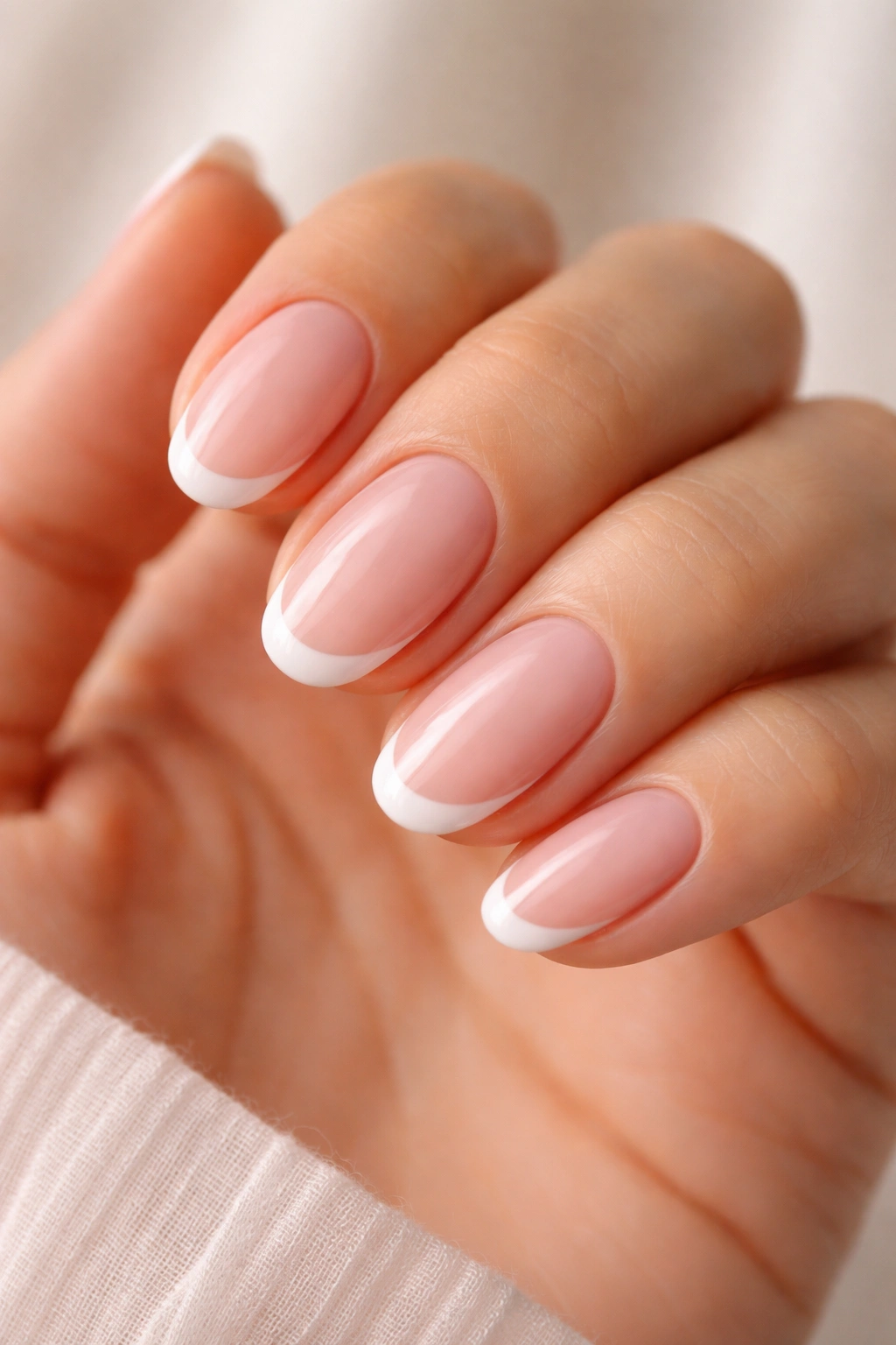 Close-up of short oval nails with slim white French tips on sheer base