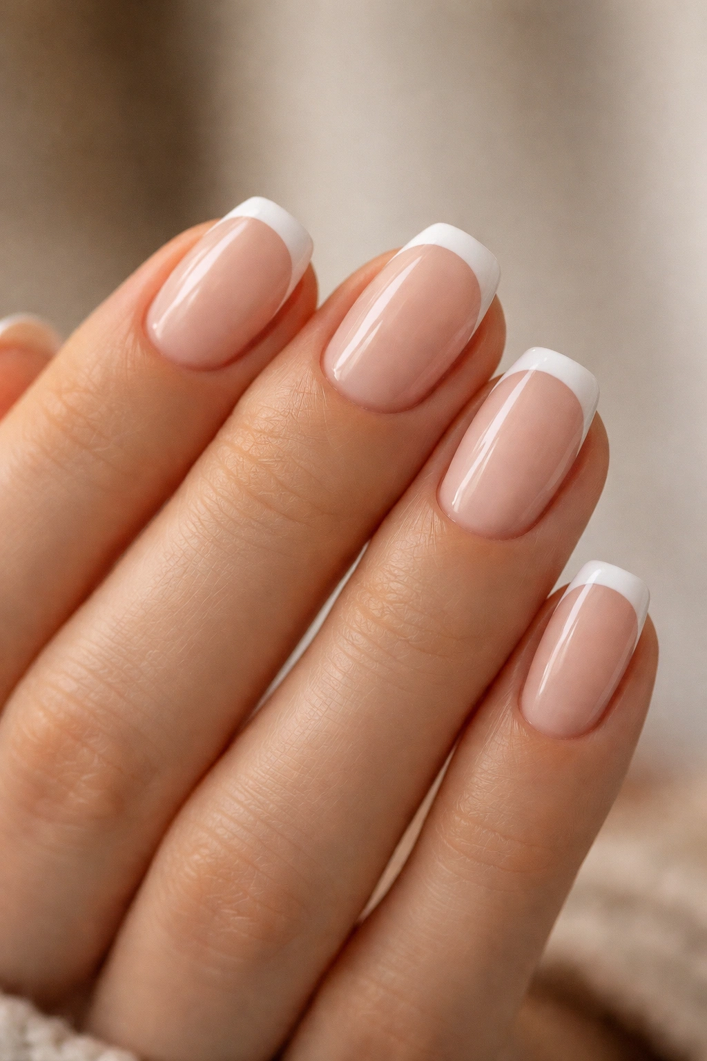 Close-up of short oval-square nails with slim curved French tips