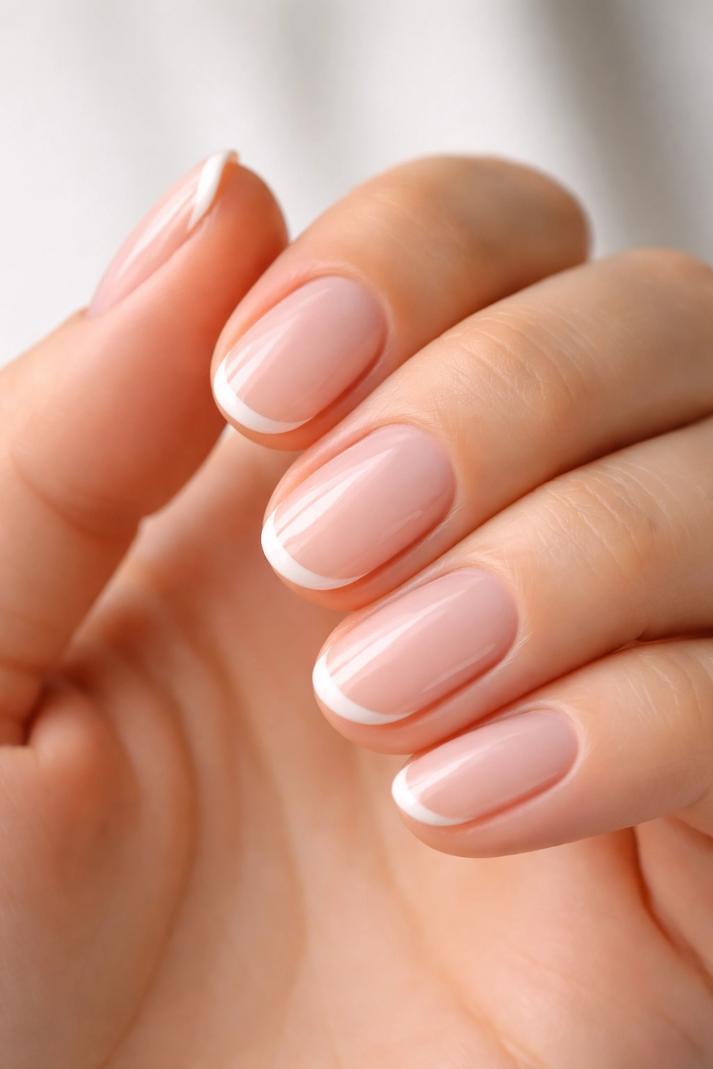 Close-up of short oval nails with a slim white French tip along the edge