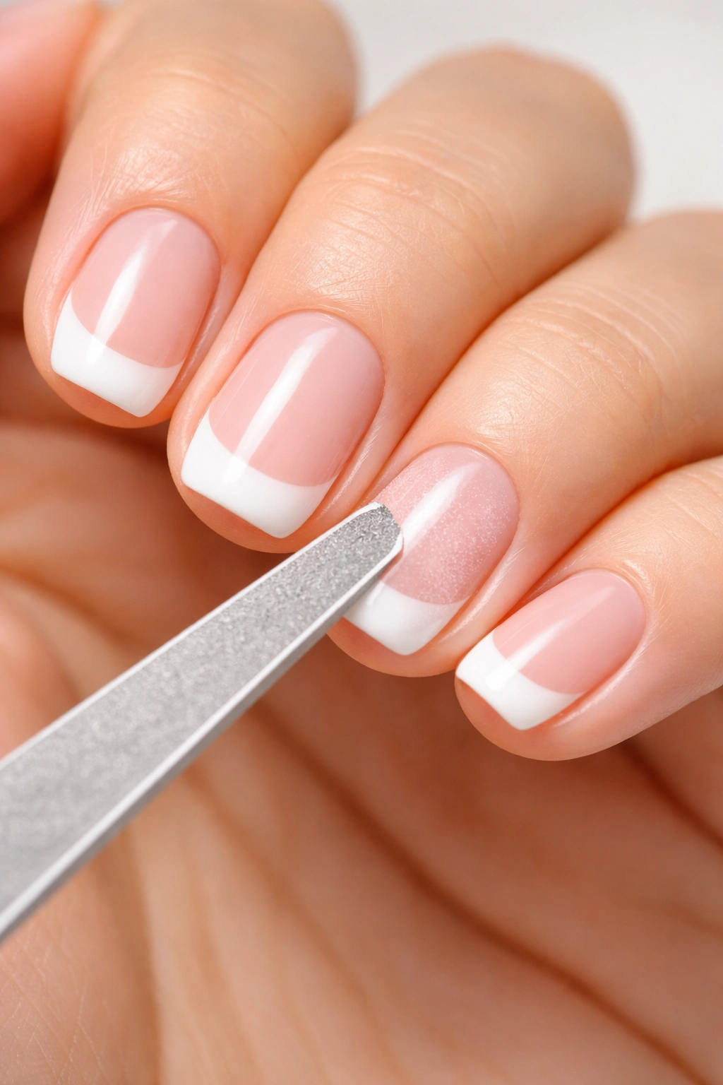 Close-up of short nails with French tips, showing a correction using a file to slim a thick white line