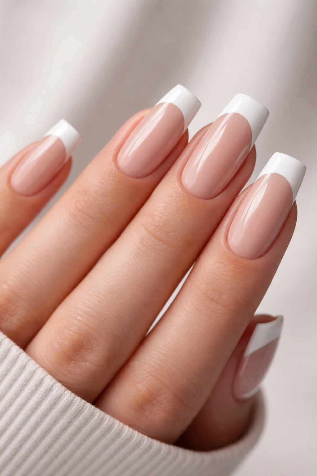Close-up of long squoval nails with crisp white French tips on nude base