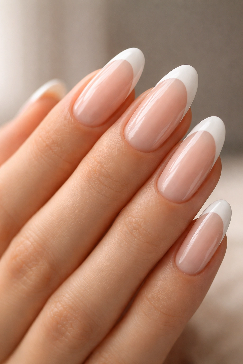 Close-up of long oval nails with sheer pink base and white curved French tips