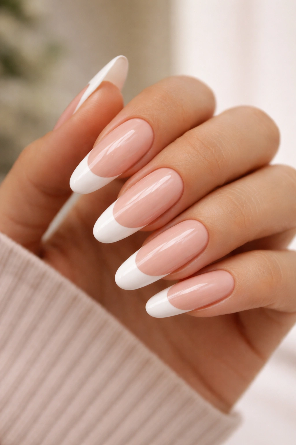 Close-up of long oval nails with French tips on pink-nude base