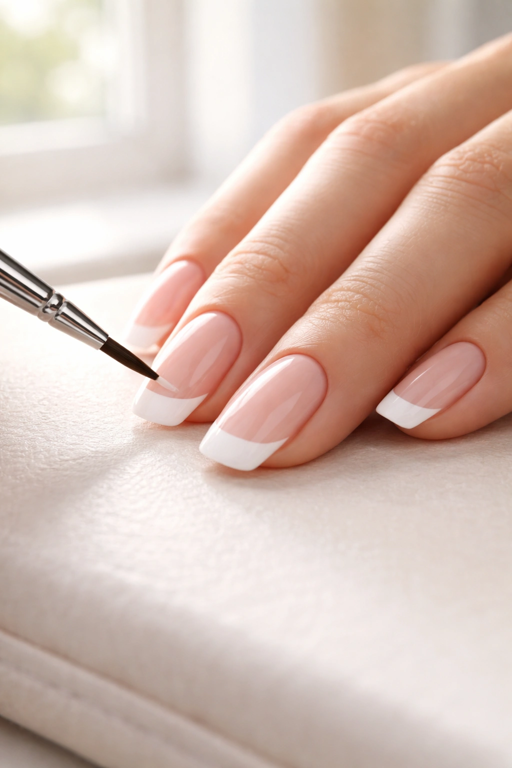 Hand painting a white French tip on a natural nail with a fine brush.