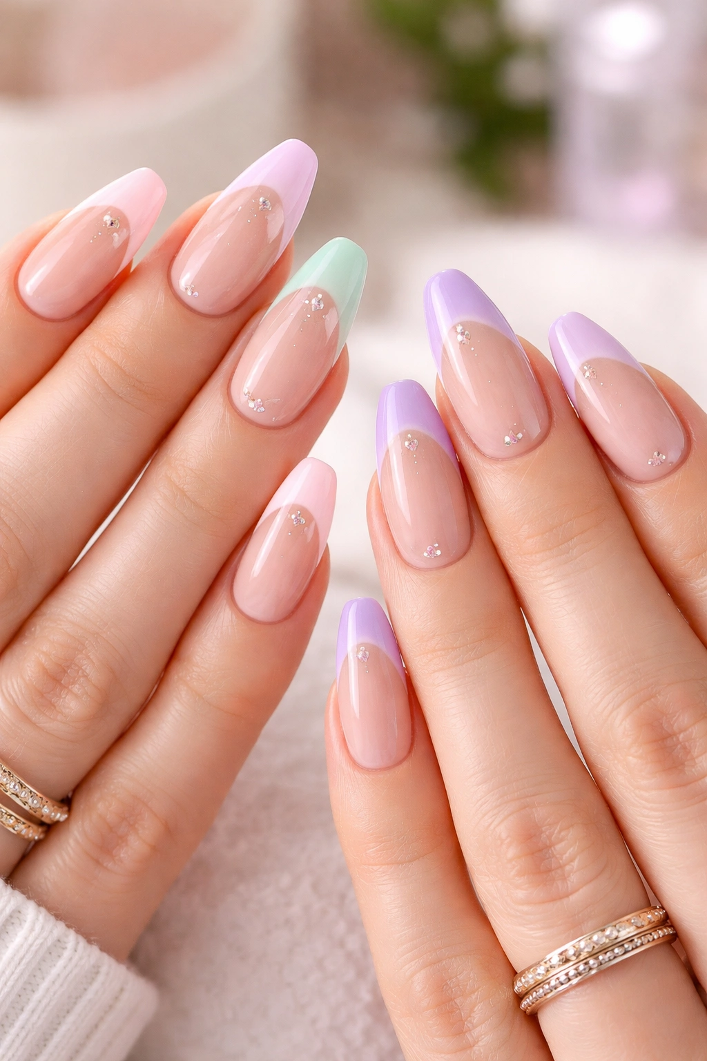 Close-up of pastel French tips on nude nails with curved and slanted tips