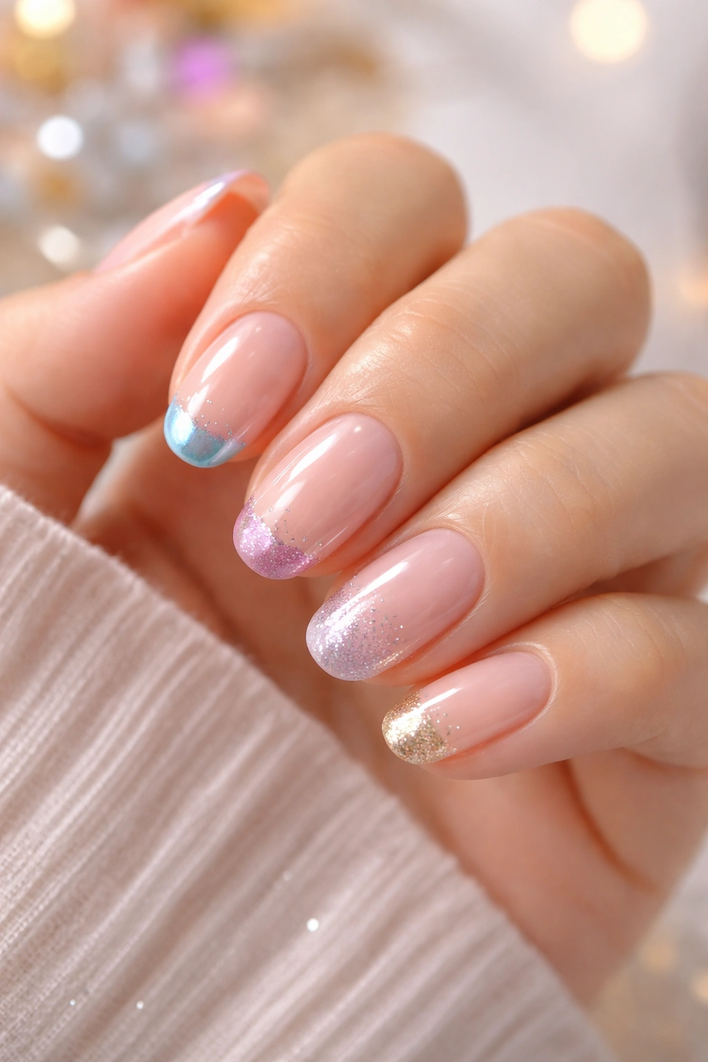 Close-up of short oval nails with pastel-tipped French manicure