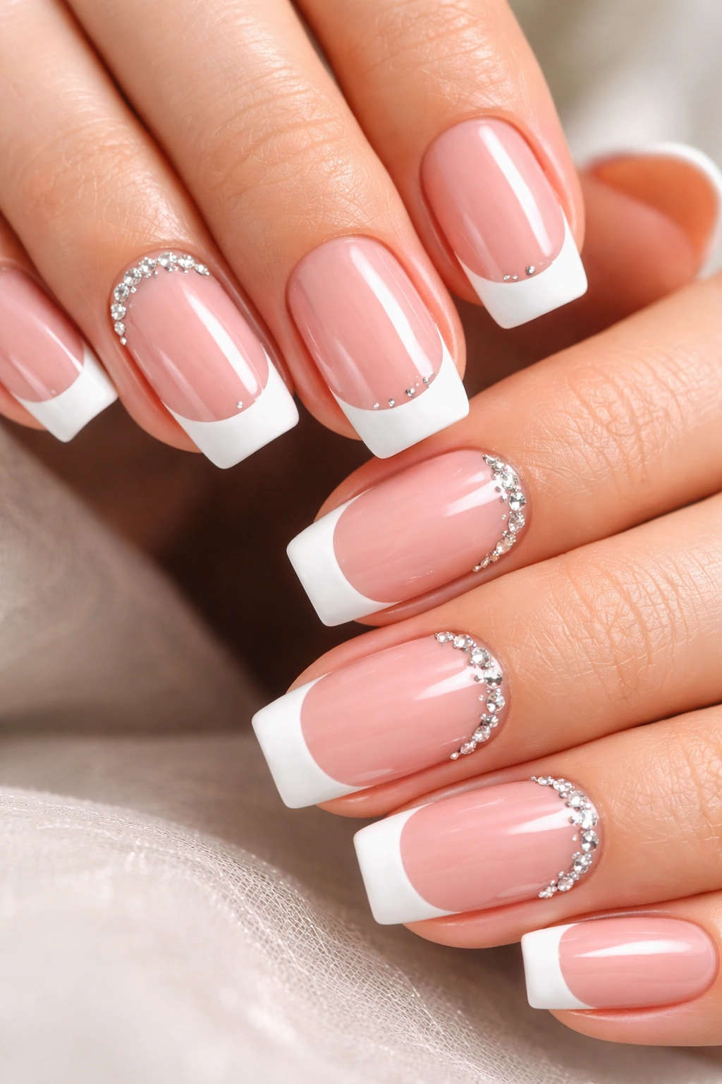 Close-up of nails with a Classic French manicure and rhinestone accents on tips