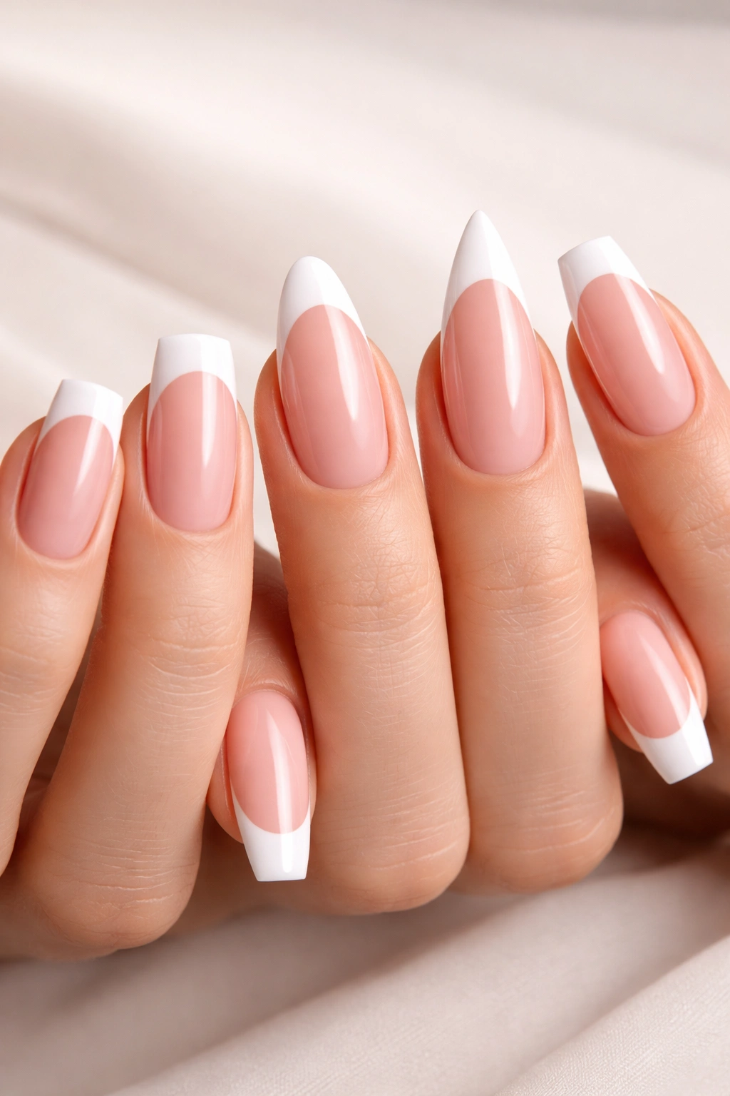 Hand showing French tips on square, almond, stiletto, and coffin nails