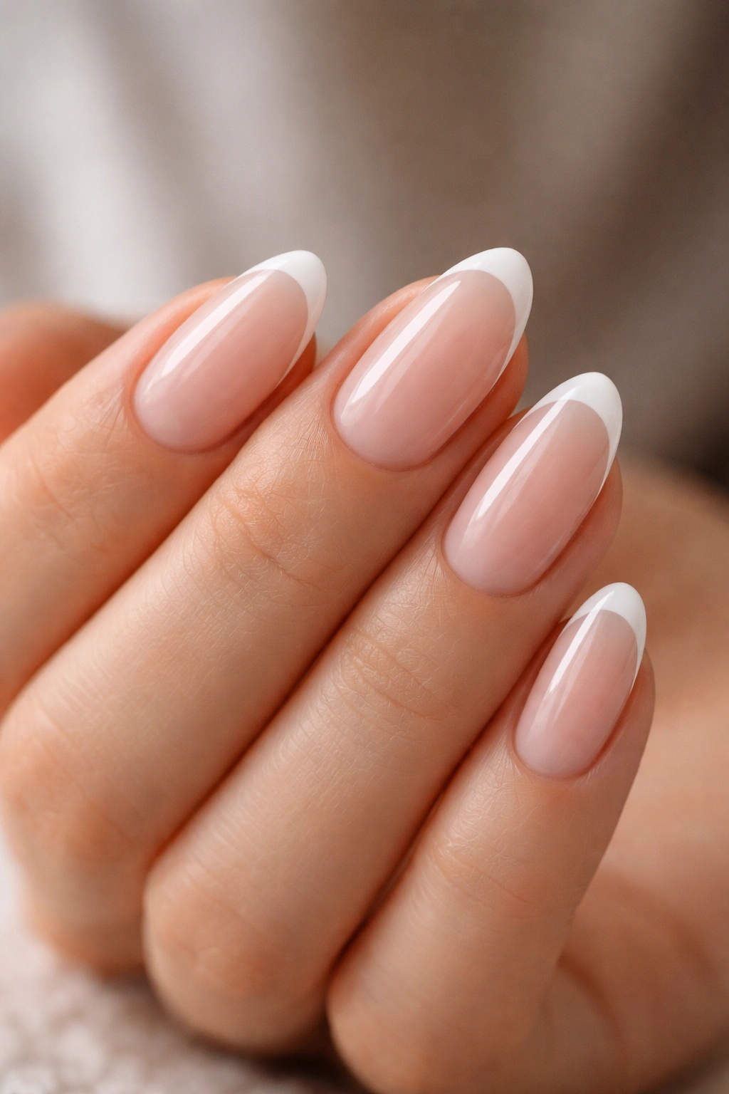 Close-up of short almond nails with sheer pink base and thin white French tips