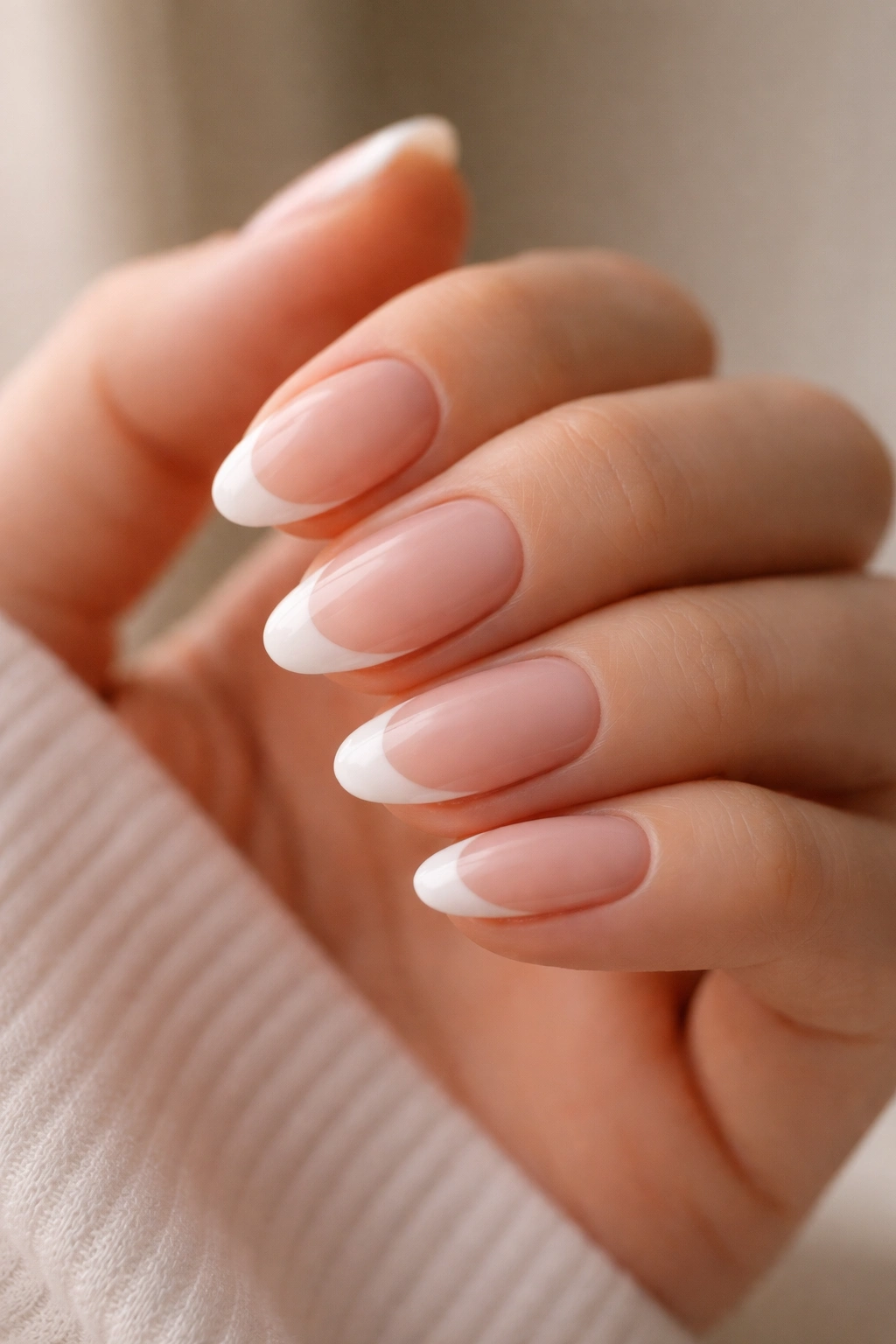 Close-up of short almond nails with French tips on a hand