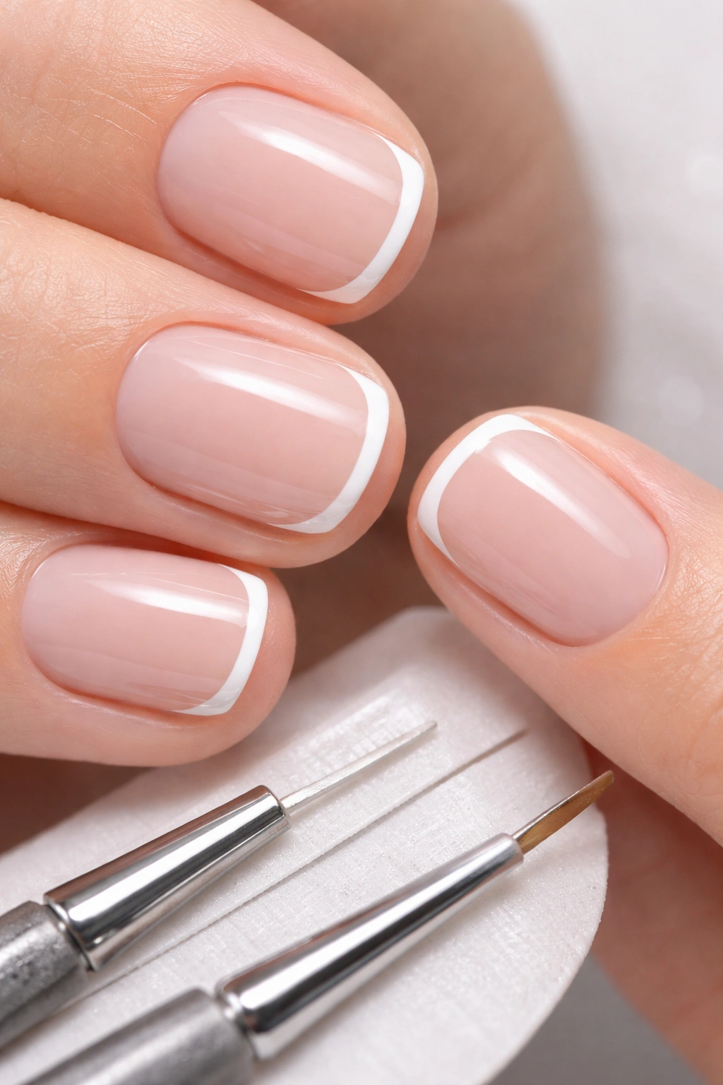 Close-up of short nails with ultra-thin white tips on a pale nude base