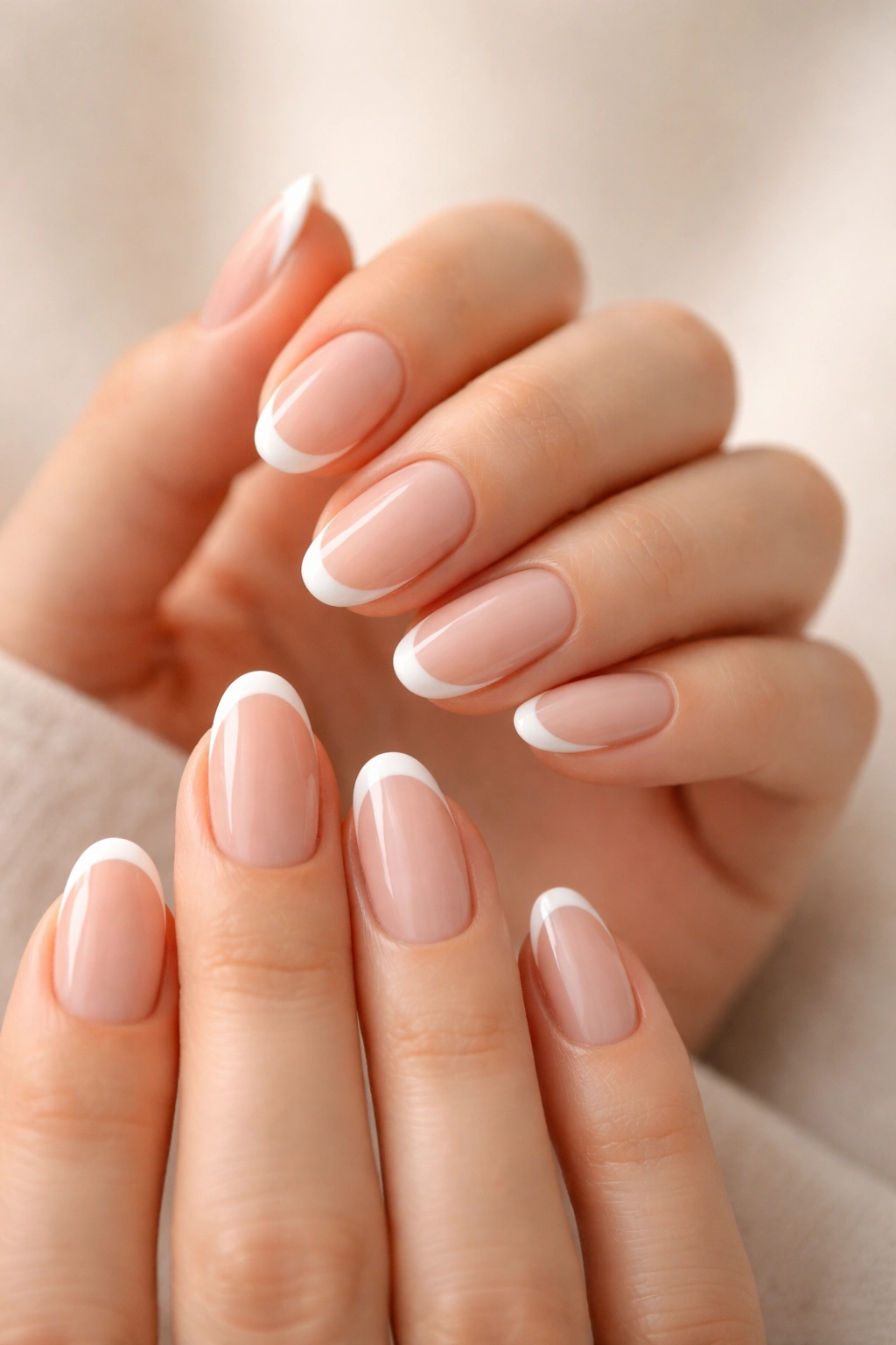 Close-up of short almond nails with a thin white French tip.