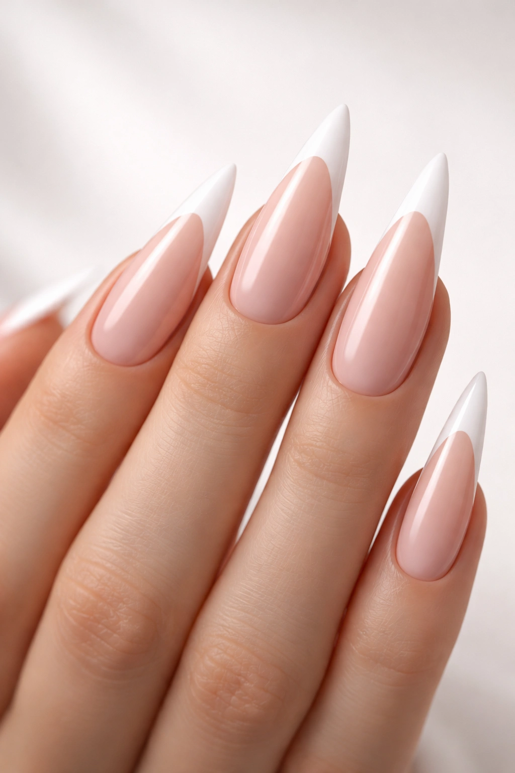 Close-up of nude-based stiletto nails with white French tips