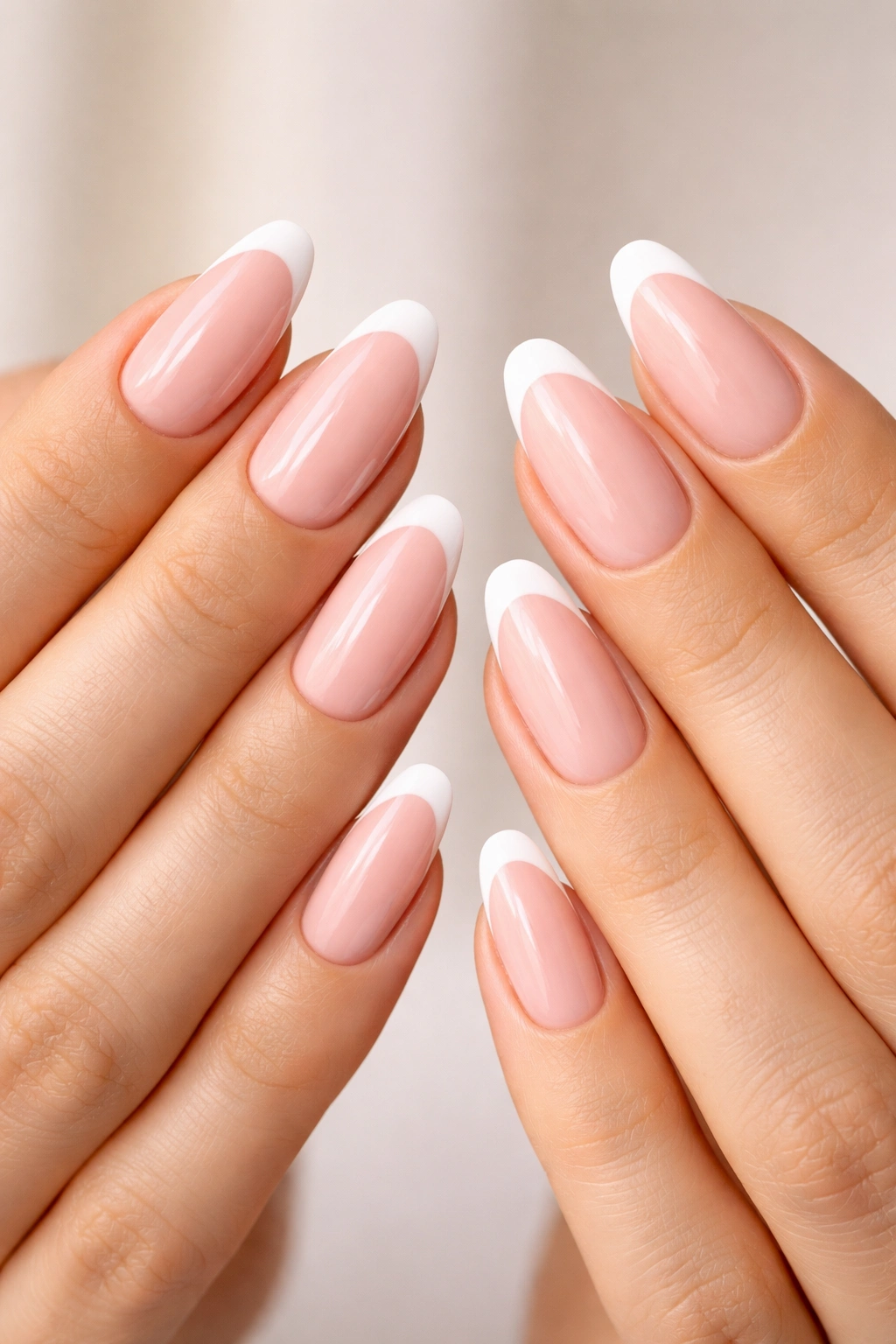 Two hands showing twist on classic French tips with pink and white variations
