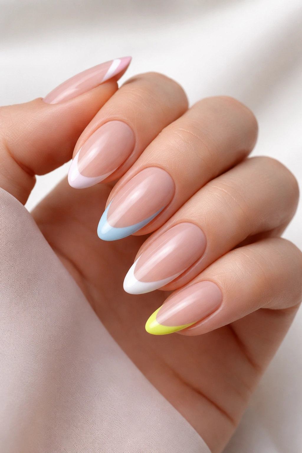 Close-up of nails with ultra-thin French tips in a clean base