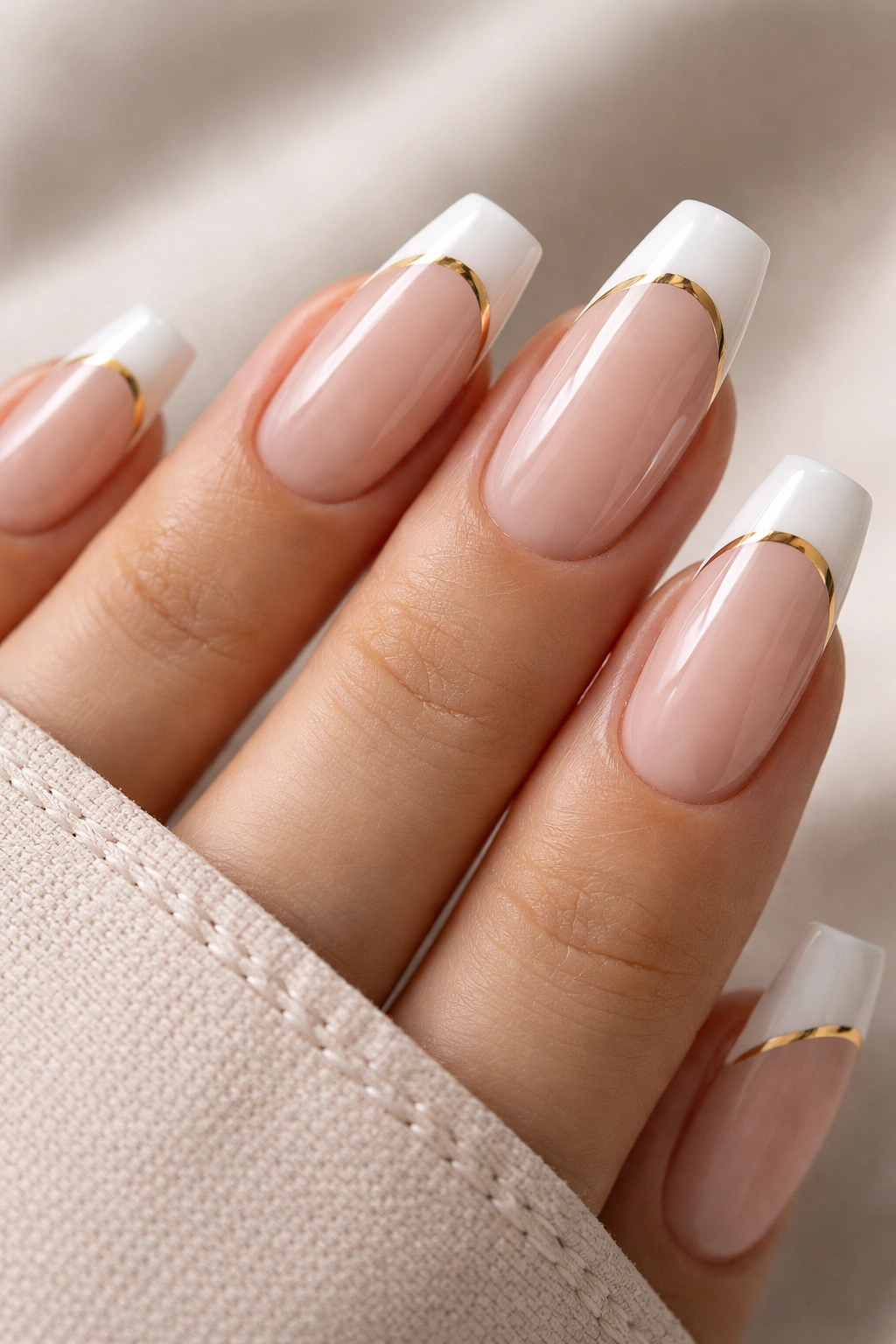 Coffin nails with thicker white French tips and a gold pinstripe