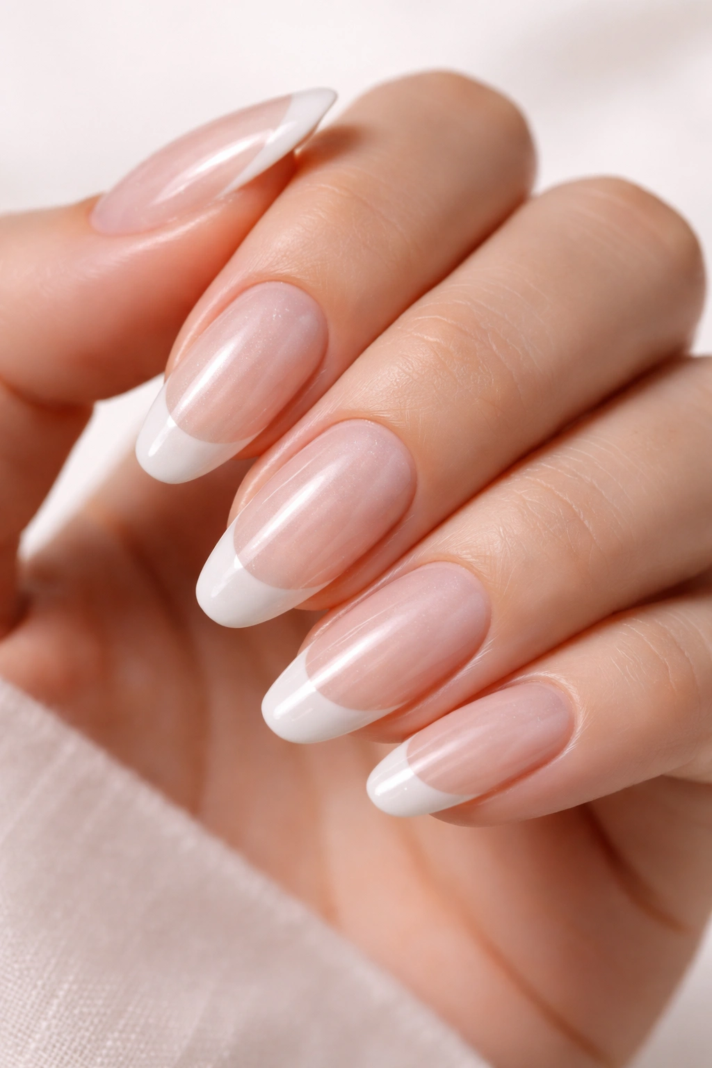 Close-up of hand with semi-transparent nude base French tips and pearlescent glaze
