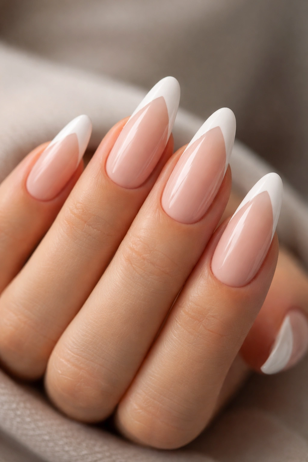 Almond nails with a soft V-shaped French tip on a nude base