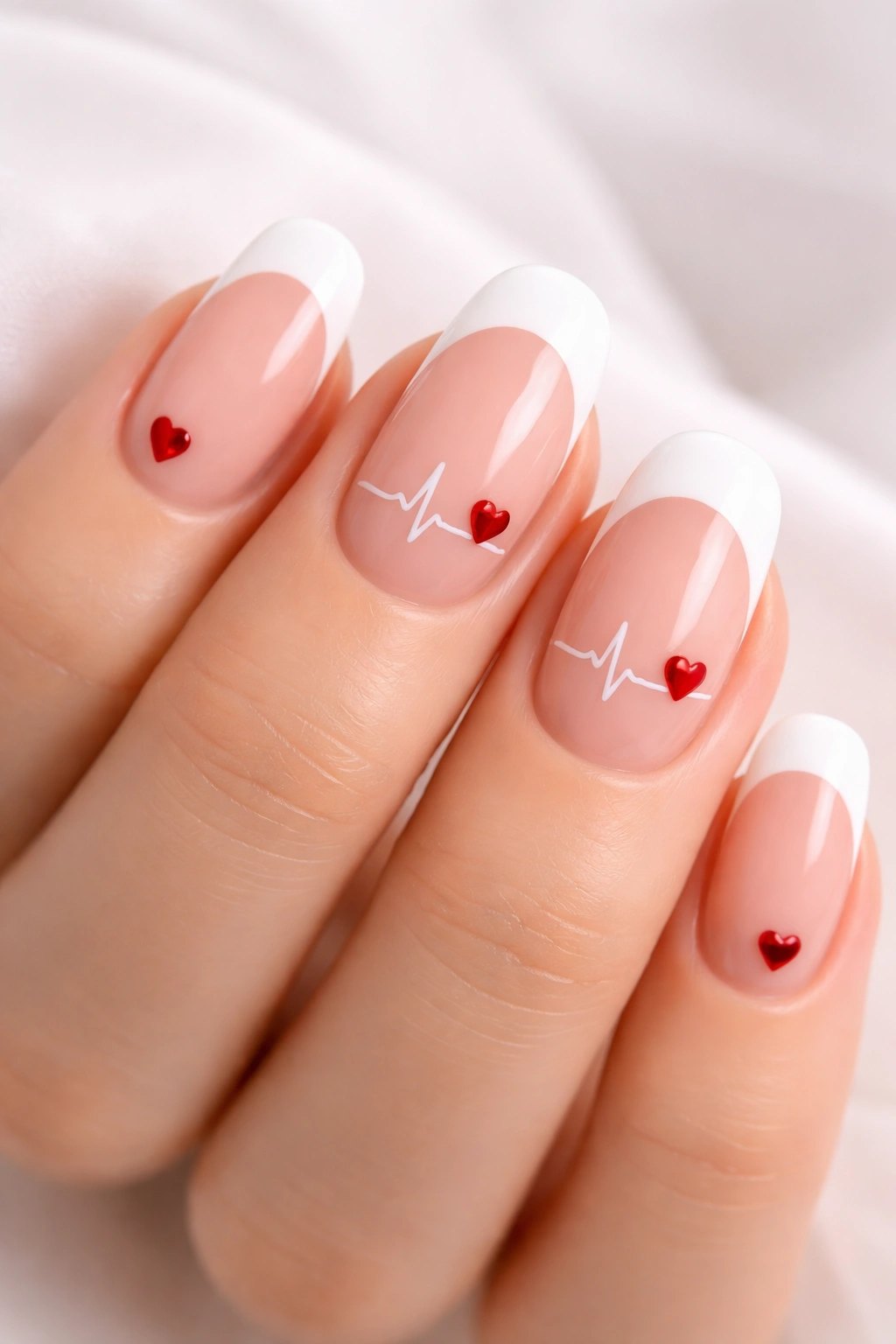 Nails with nude base, white tips, tiny hearts and heartbeat line