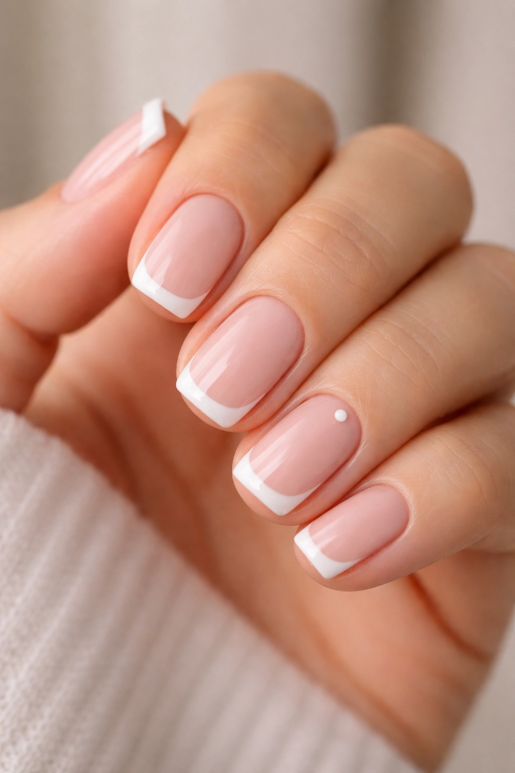 Close-up of minimalist French nails with a single accent nail featuring a small detail