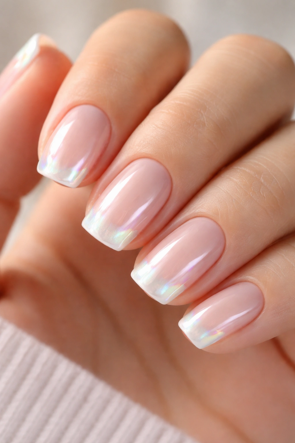 Close-up of short squoval nails with iridescent pearl French tips