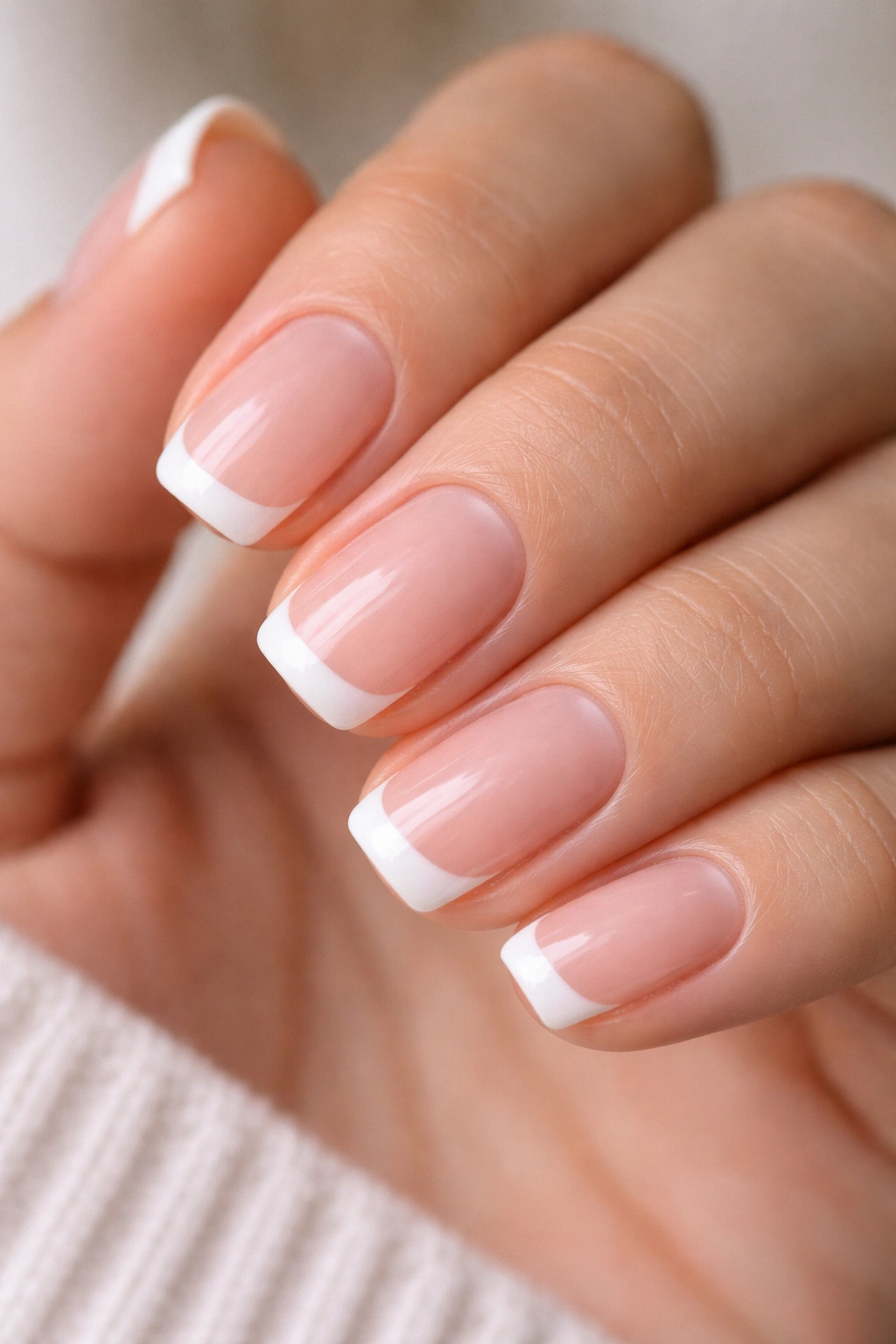 Close-up of short squoval nails with semi-sheer white tips and a glossy finish