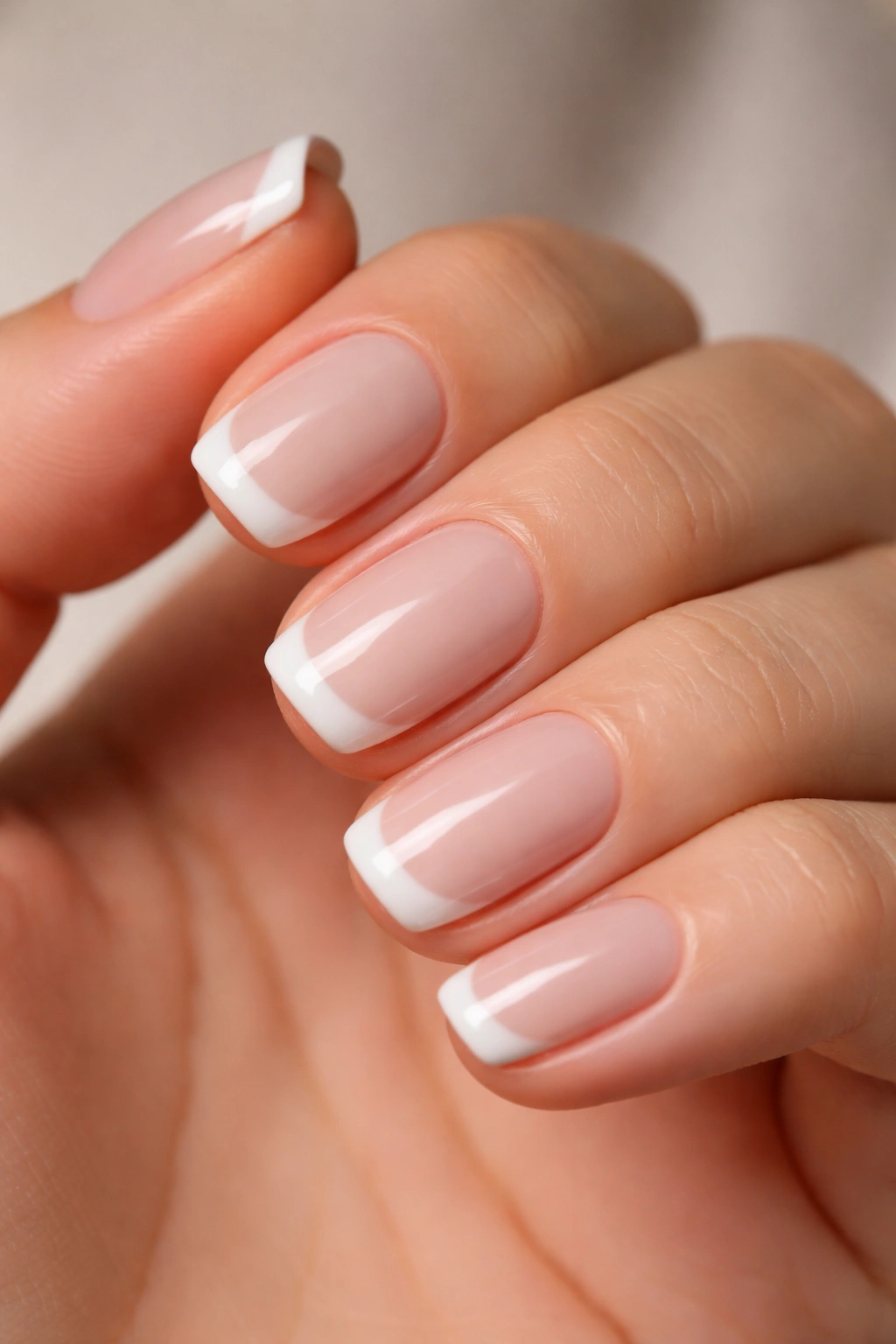 Close-up of short squoval nails with white tips and subtle under-shadow
