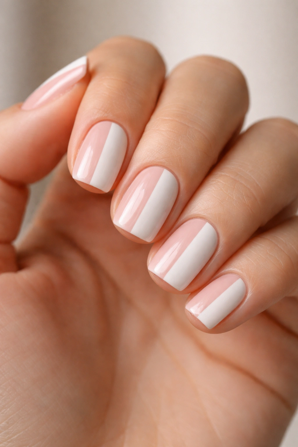 Close-up of short squoval nails with a vertical white and blush two-tone French tip