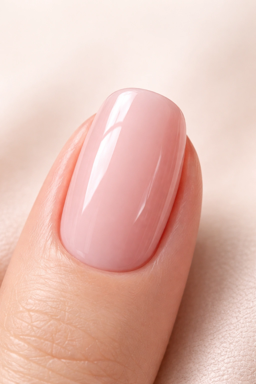 Close-up of a freshly finished manicure nail on a neutral background